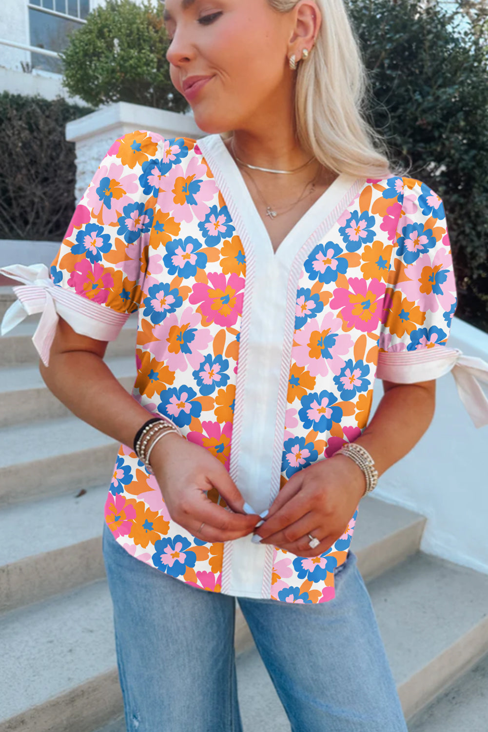 White Floral Colorblock Striped Edge V Neck Knotted Blouse