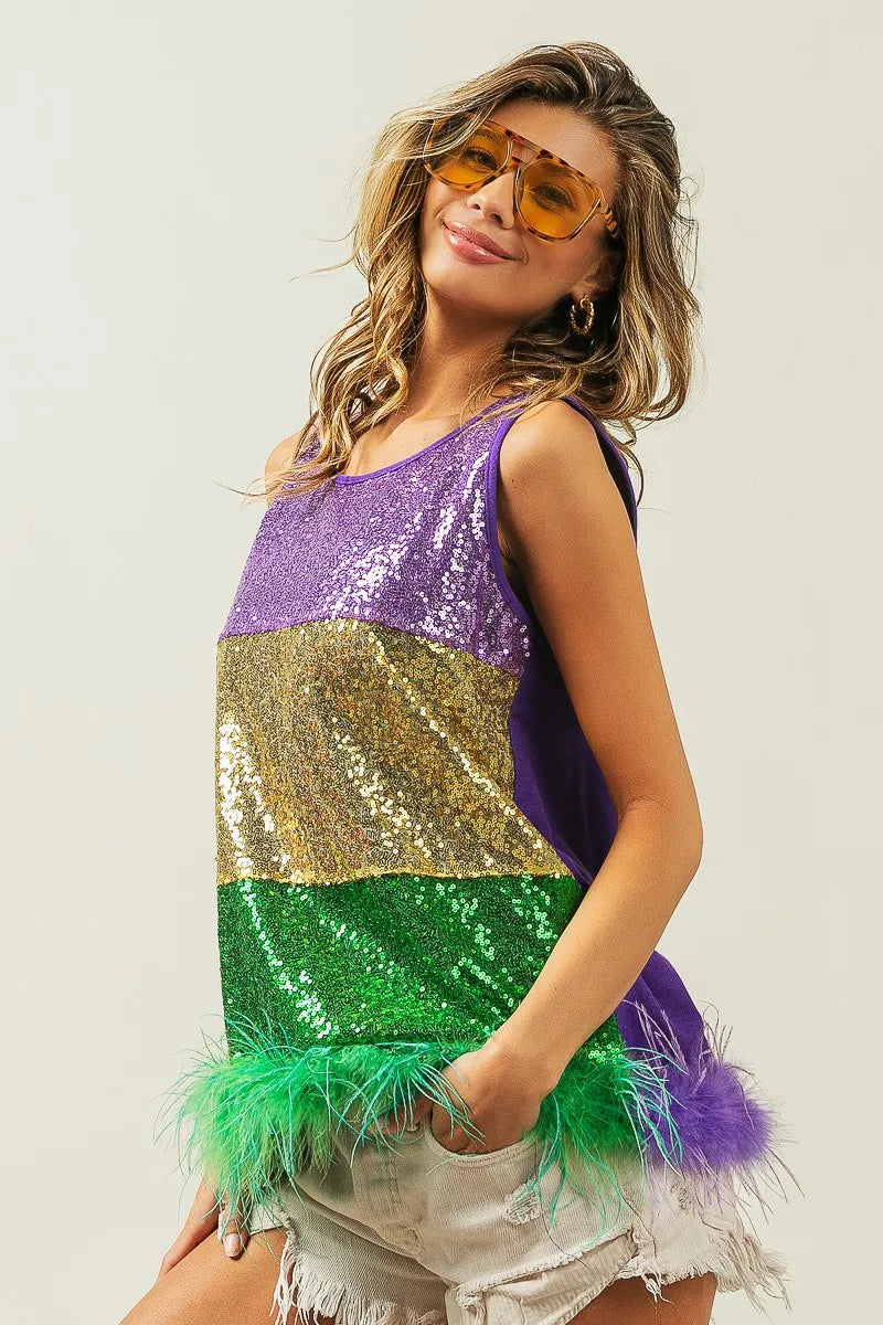 BiBi Mardi Gras Color Block Faux Feather Hem Sequin Top - Love Salve