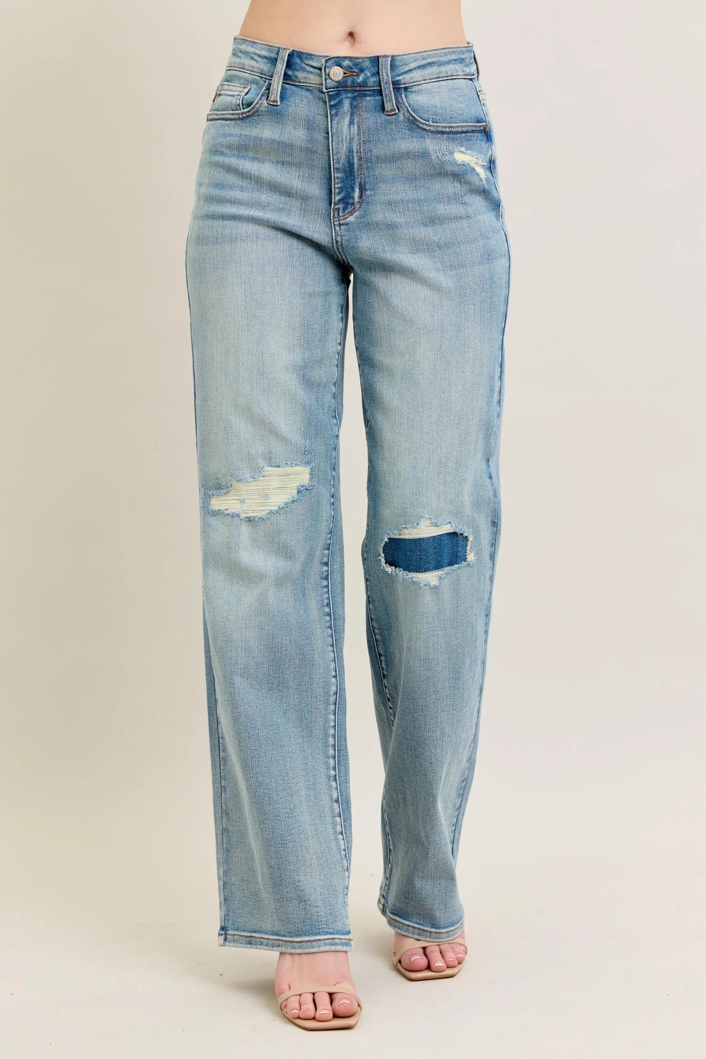 Judy Blue Plus Size High Rise Destroyed Knee Patch Straight Jeans - Love Salve
