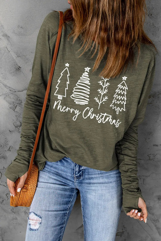 Thea Merry Christmas Trees Thumbhole Sleeve Graphic Long Sleeve Tee - Love Salve