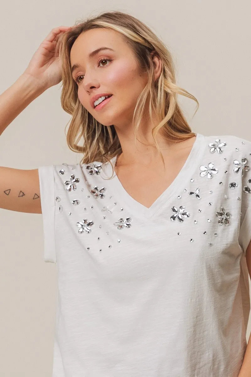 BiBi Slub Jersey Rhinestone V Neck Top - Love Salve