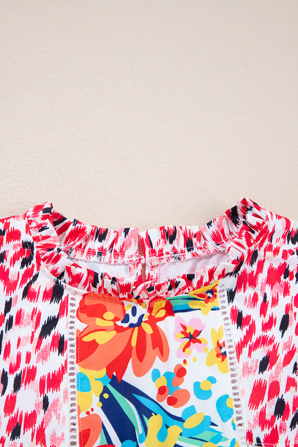 Red Floral Mixed Print Ruffle Cap Sleeve Blouse for Women