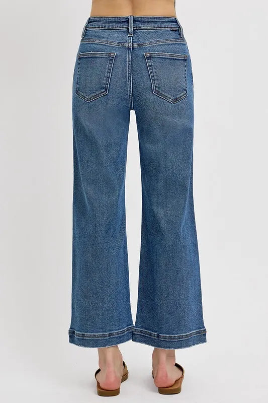 Risen Full Size High Rise Crop Wide Leg Front Yoke Detail Jeans Plus Size - Love Salve