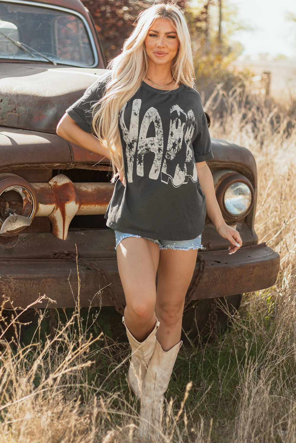 Carbon Grey Vintage Yall Cowboy Boots Graphic Tee Shirt