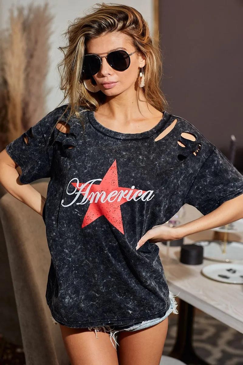 BiBi Laser Cut Mineral Washed Jersey Top with America - Love Salve