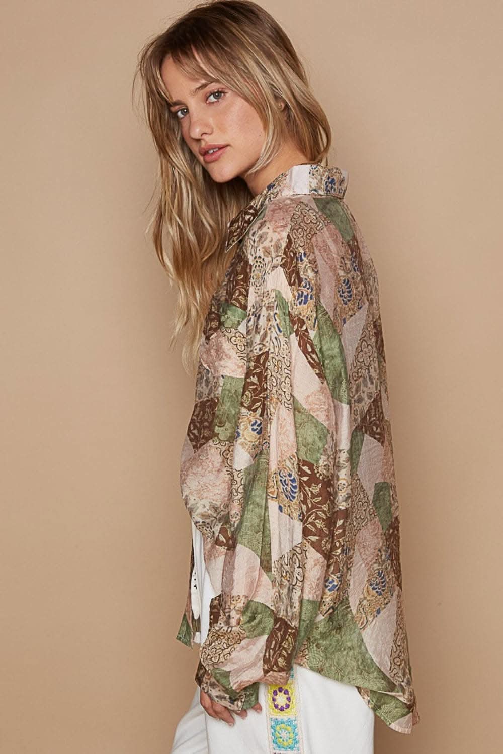POL Button-Down Long Sleeve Printed Shirt - Love Salve