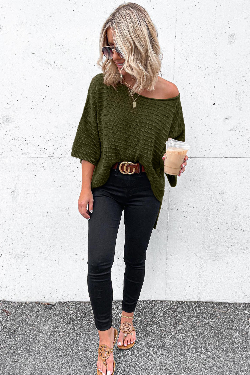 Green Textured Knit Drop Shoulder Short Sleeve Sweater for Women