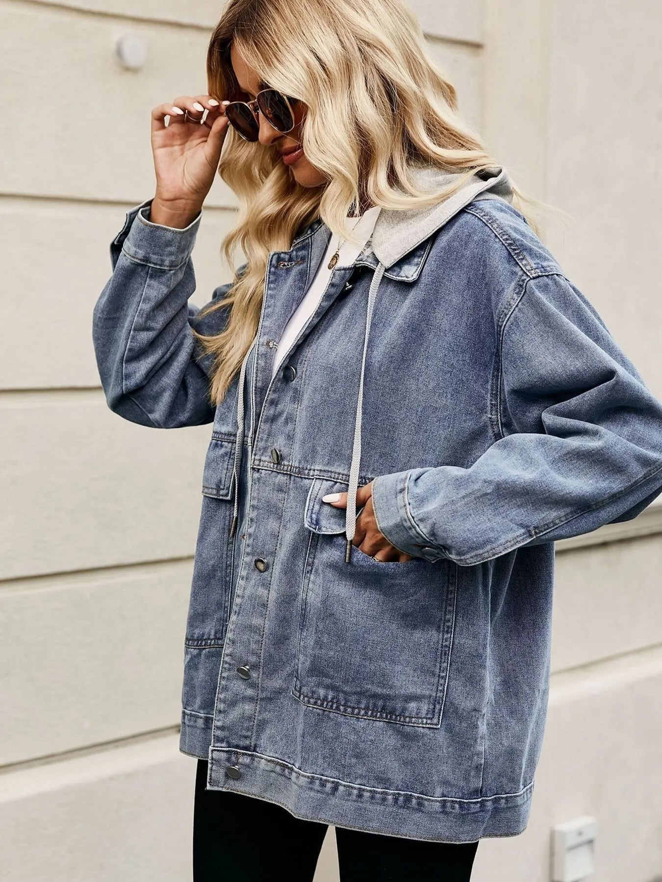 Oversized Button Up Denim Jacket with Hood