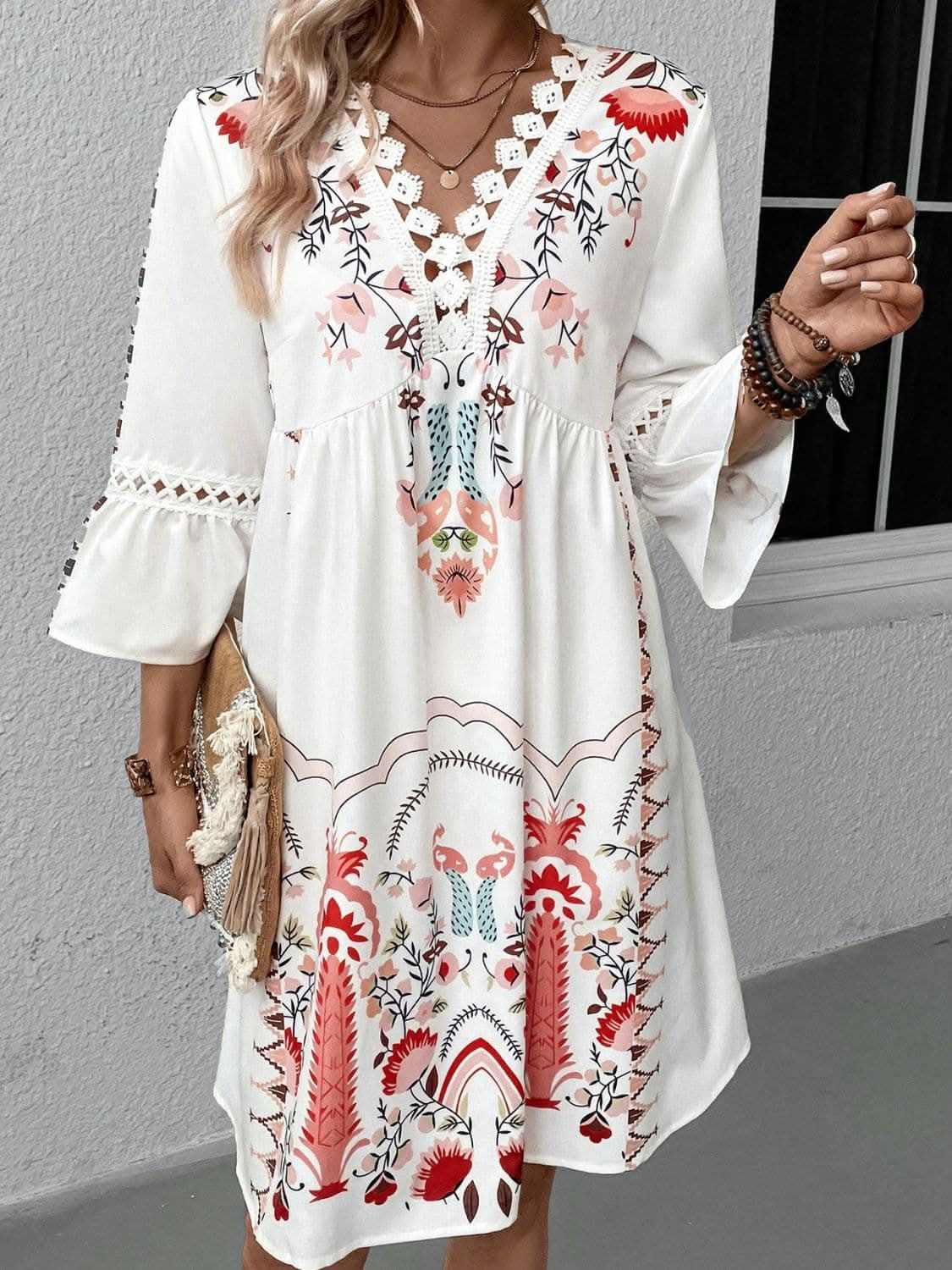 Lace Printed Three-Quarter Dress with Sheer Elegance - Love Salve