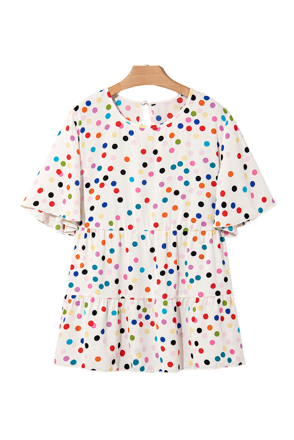 Beige Plus Size Babydoll Blouse with Colorful Polka Dot Print and Ruffled Short Sleeves