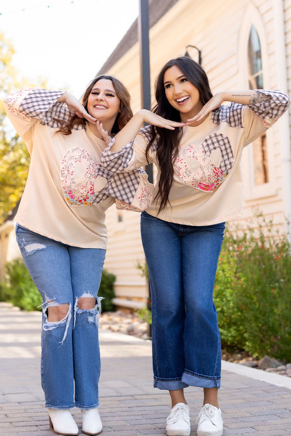 Beige Plaid Floral Peace Heart Graphic Wide Long Sleeve Top - Love Salve