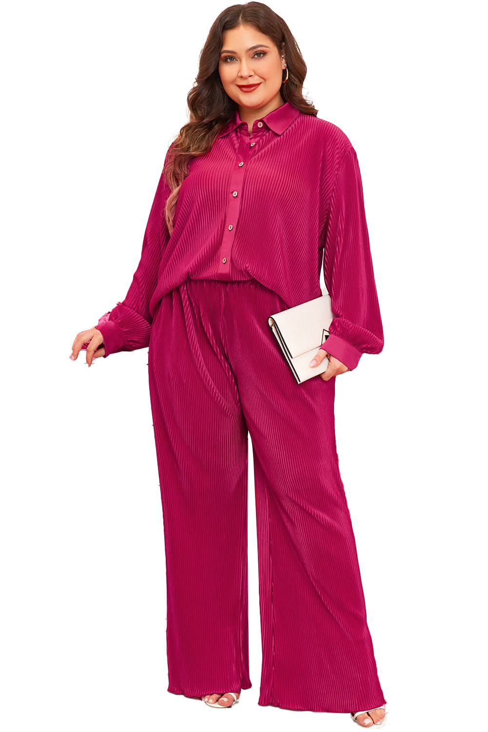 Rose Red Plus Size Ribbed Long Sleeve Shirt and Pants Pajama Set - Love Salve