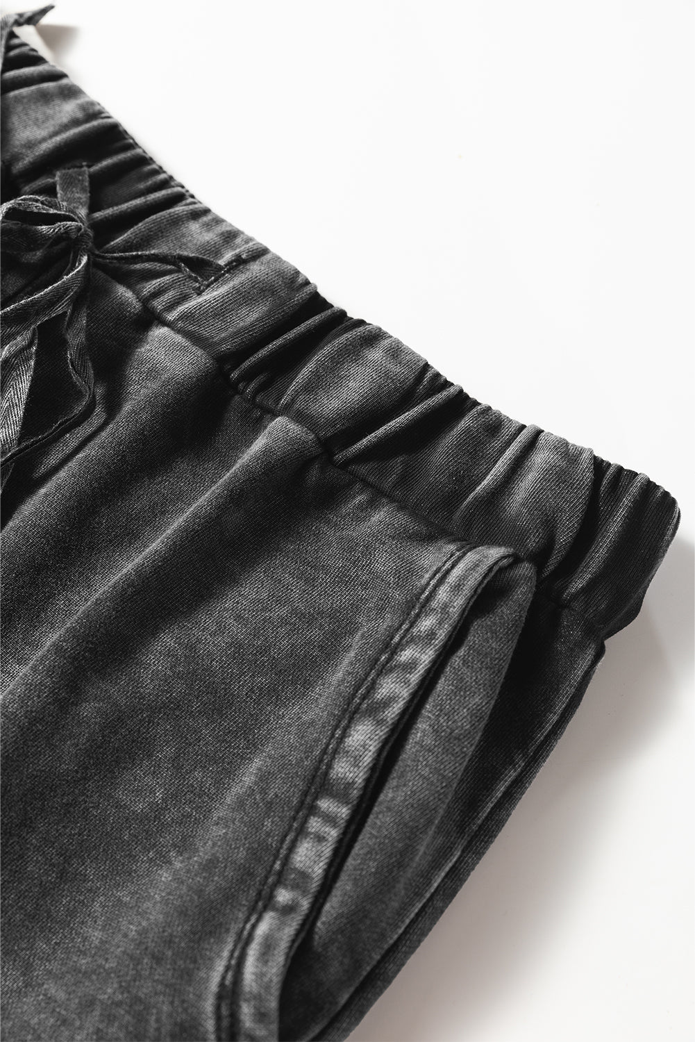 Premium Black Mineral Wash Tiered Wide Leg Patchwork Drawstring Pants