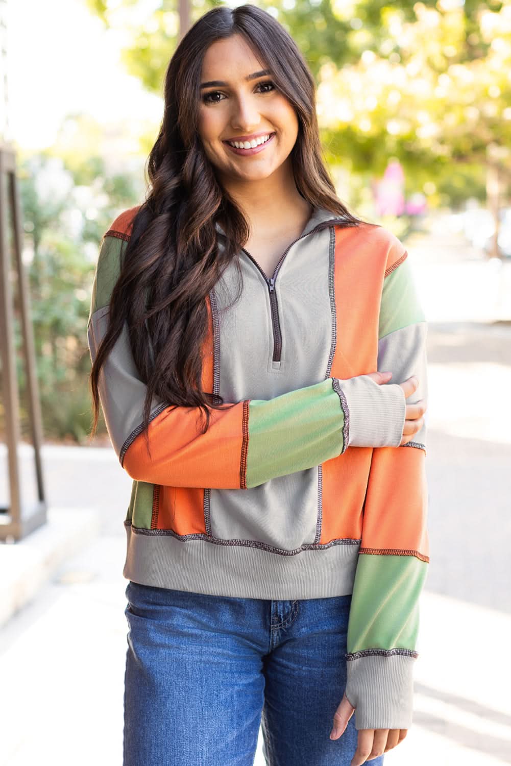 Light Grey Color Block Stitching Detail Half Zipper Sweatshirt - Love Salve