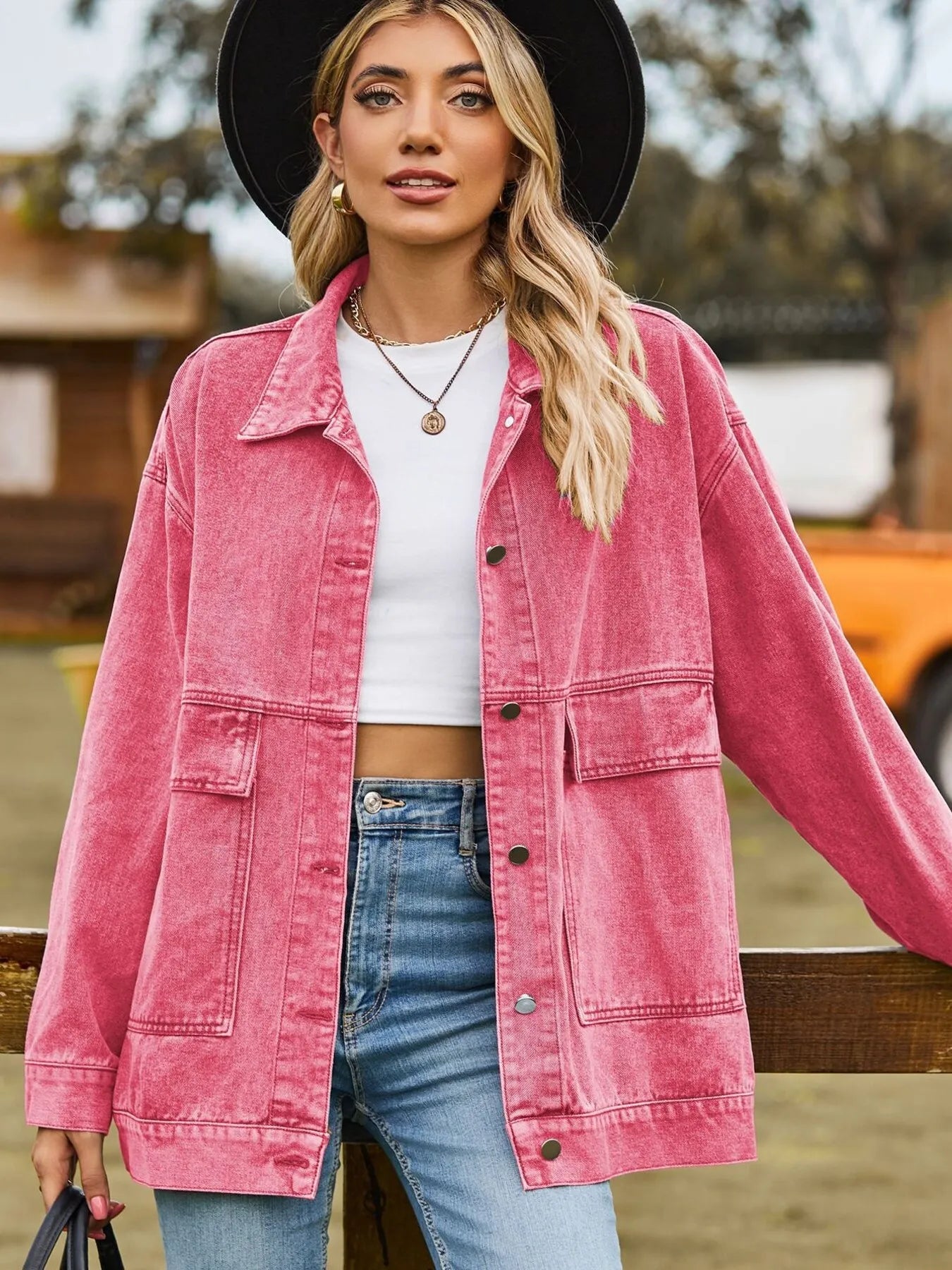 Oversized Button Up Denim Jacket with Hood