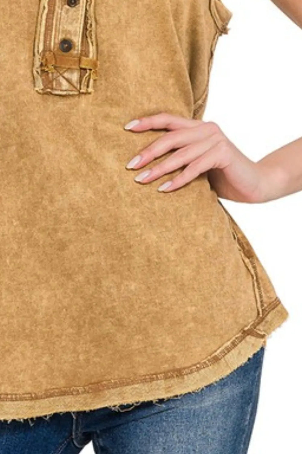 Zenana Washed Half-button Raw Edge Sleeveless Henley Top - Love Salve