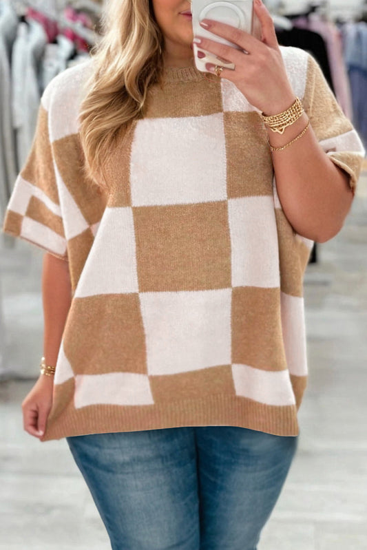 French Beige Plus Size Checkered Knit Short Sleeve Sweater Dear-Lover Dropshipping