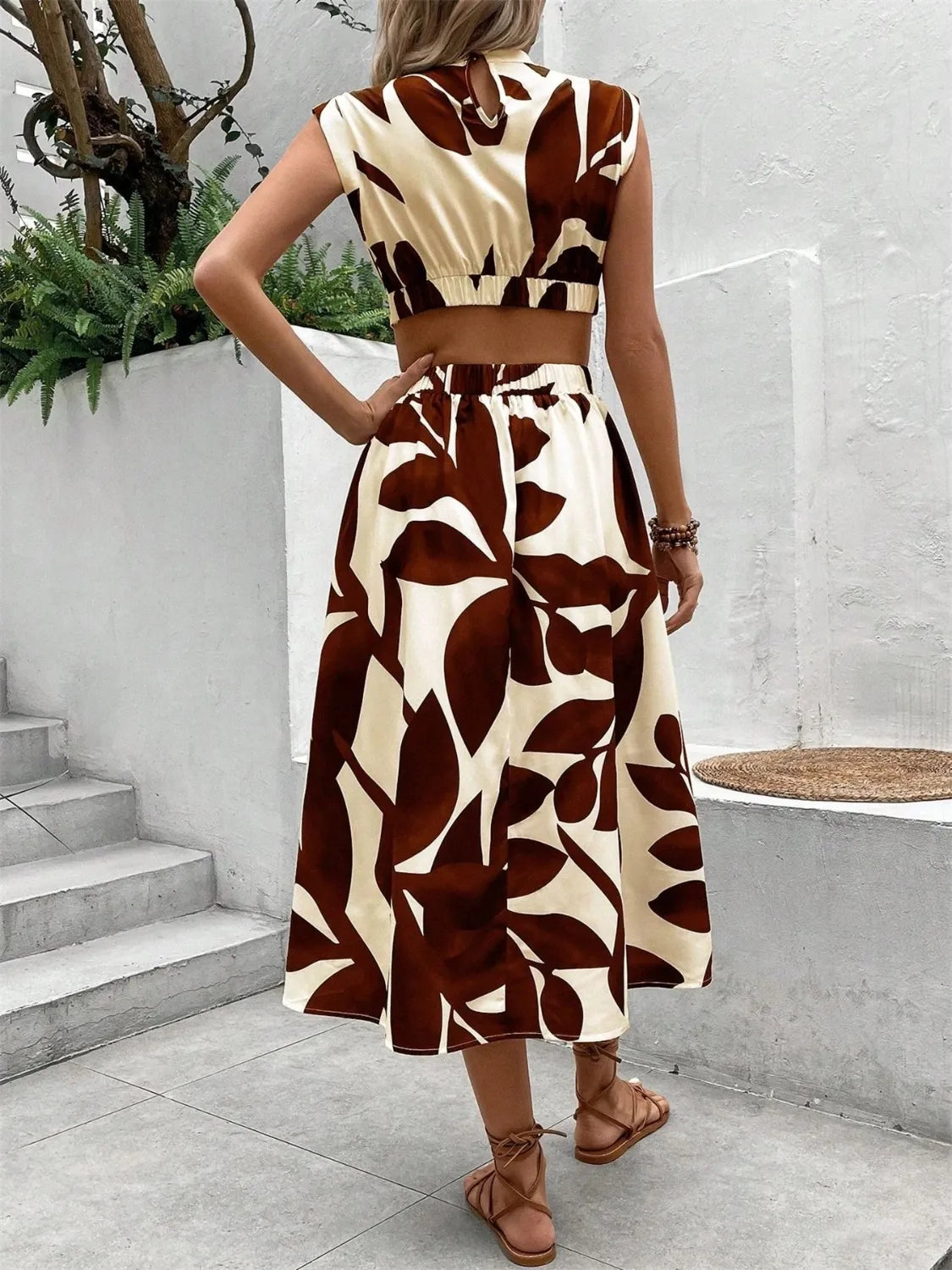 Tropical Cutout Cap Sleeve Midi Dress