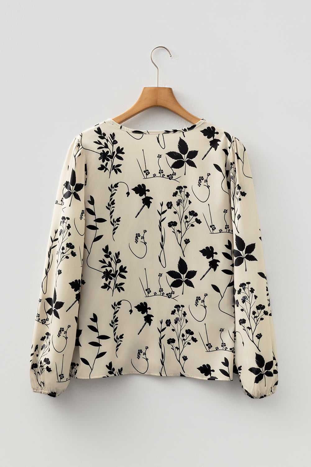 Premium Khaki Botanical Floral Print Split Neck Long Sleeve Blouse