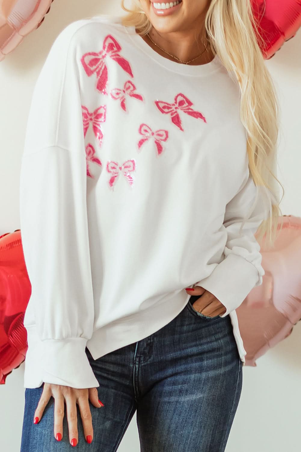 White Sequin Bowknot High Low Oversize Sweatshirt - Love Salve