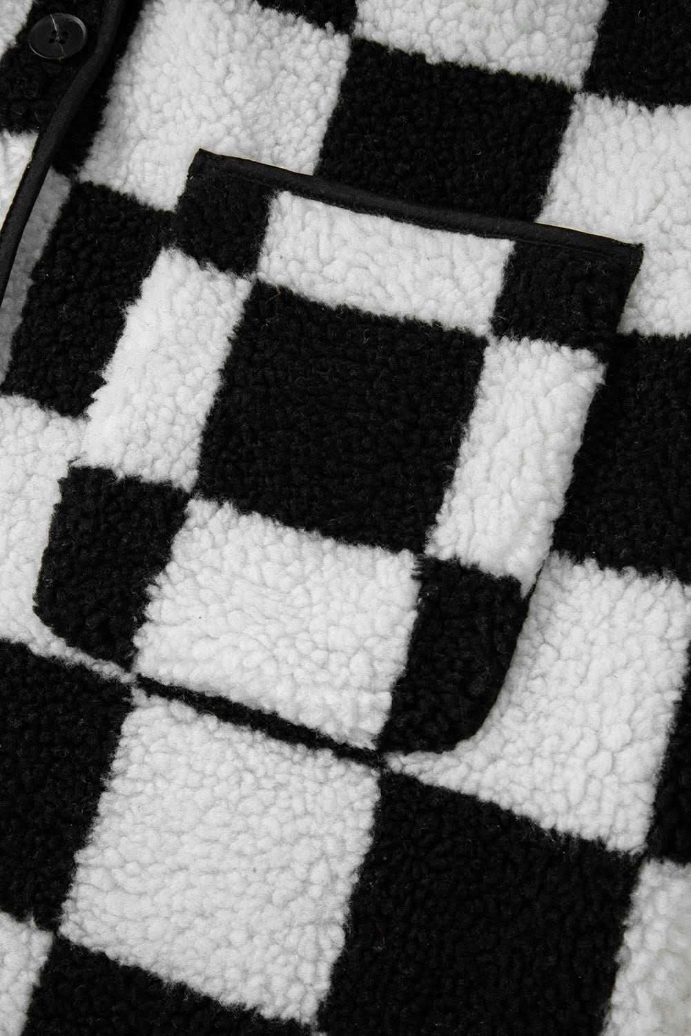 Black Checkered Side Pockets Collared Buttoned Fleece Jacket - Love Salve