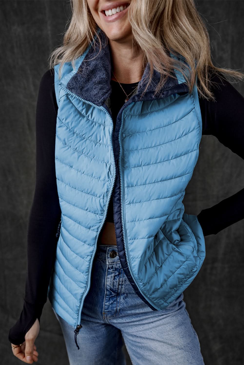 Sky Blue Plush Collared Quilted Zipped Puffer Vest - Love Salve
