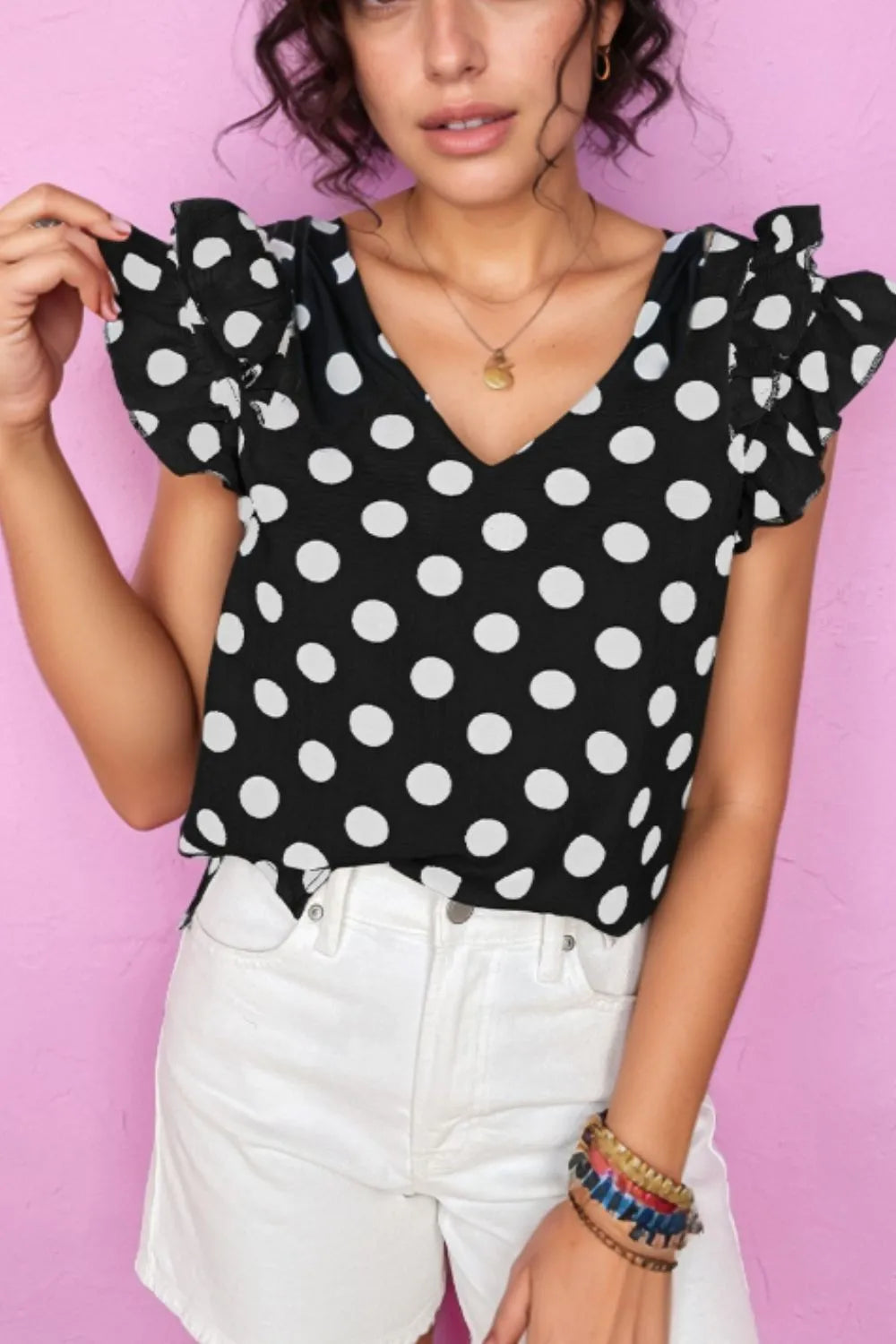 Polka Dot V-Neck Ruffle Cap Sleeve Blouse