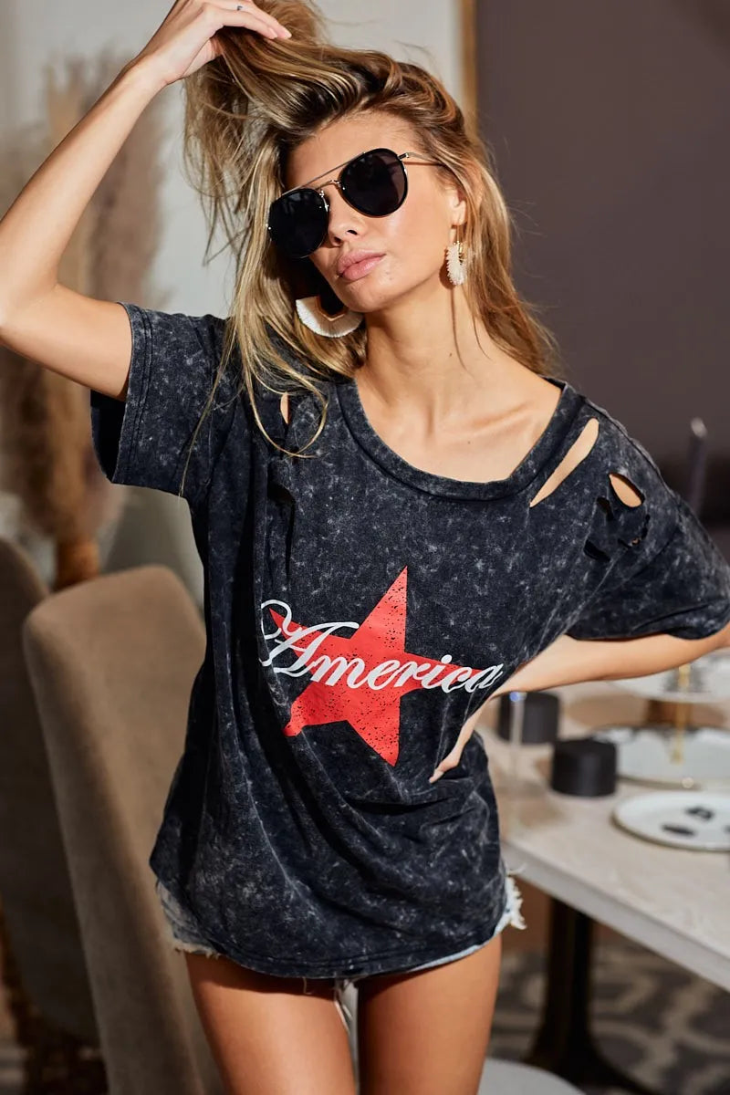 BiBi Laser Cut Mineral Washed Jersey Top with America - Love Salve