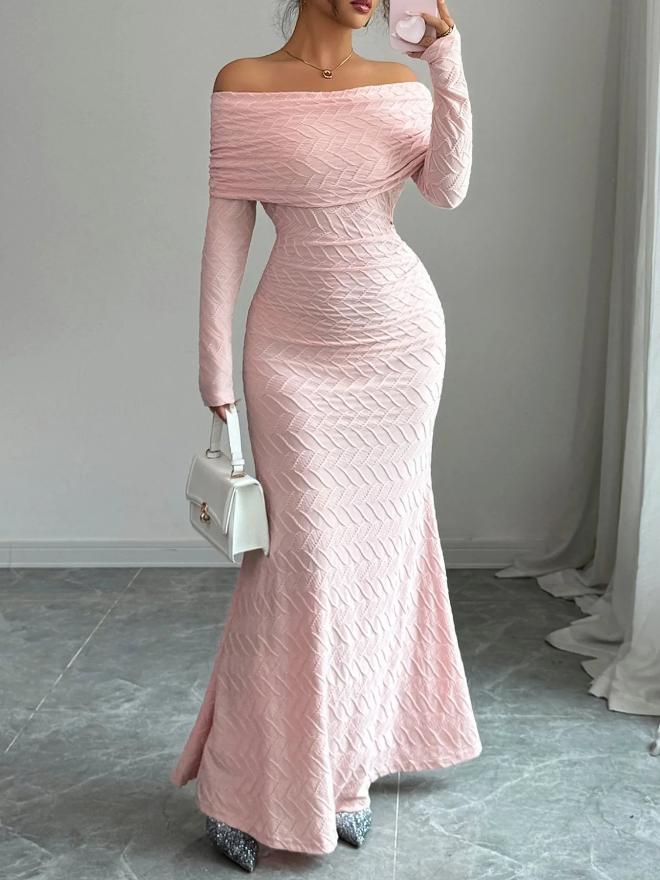 Blush Elegance Off-Shoulder Mermaid Maxi Dress