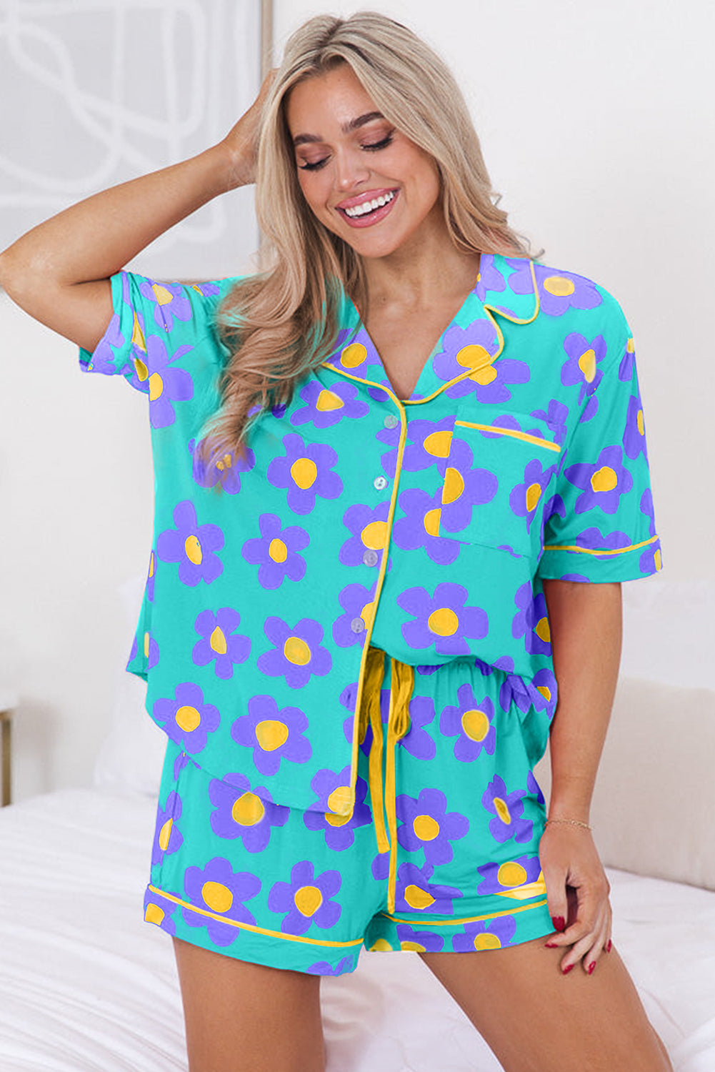 Green Flower Print Short Sleeve Shirt Pajamas Set for Women