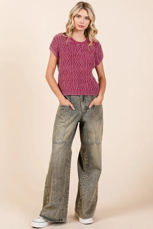 Mittoshop Washed Wide Leg Jeans With Pockets - Love Salve