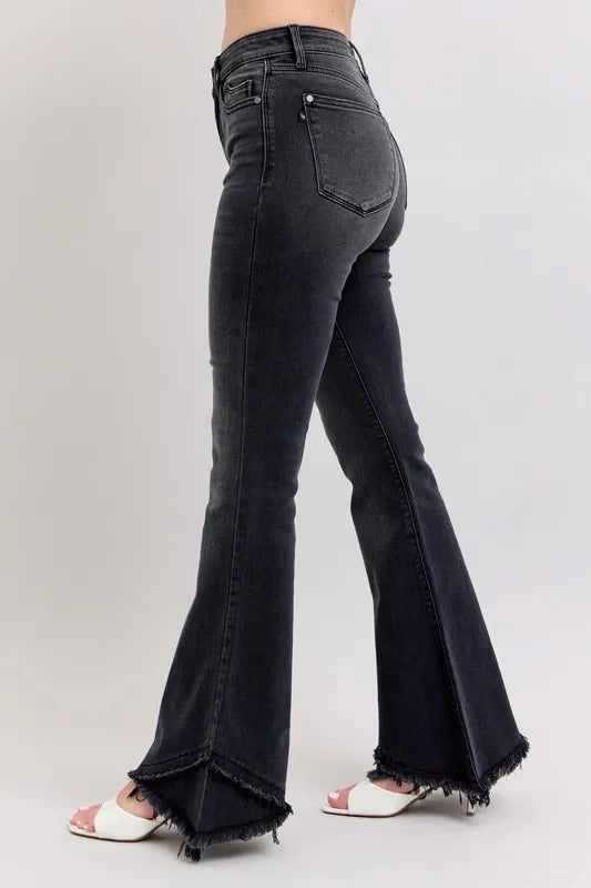 Judy Blue Full Size High Waist Flare Jeans With Mock Fray Tulip Hem Plus Size - Love Salve