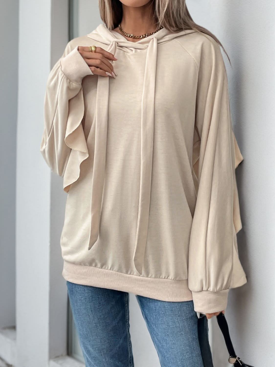 Perfee Drawstring Ruffled Long Sleeve Hoodie - Love Salve