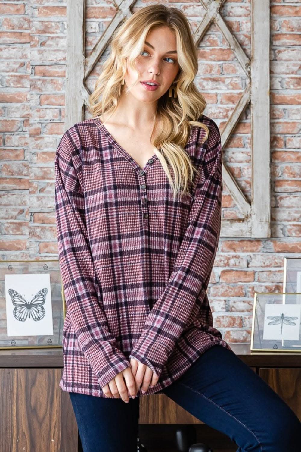 Heimish plaid v-neck long sleeve top in a classic pattern with a flattering fit.