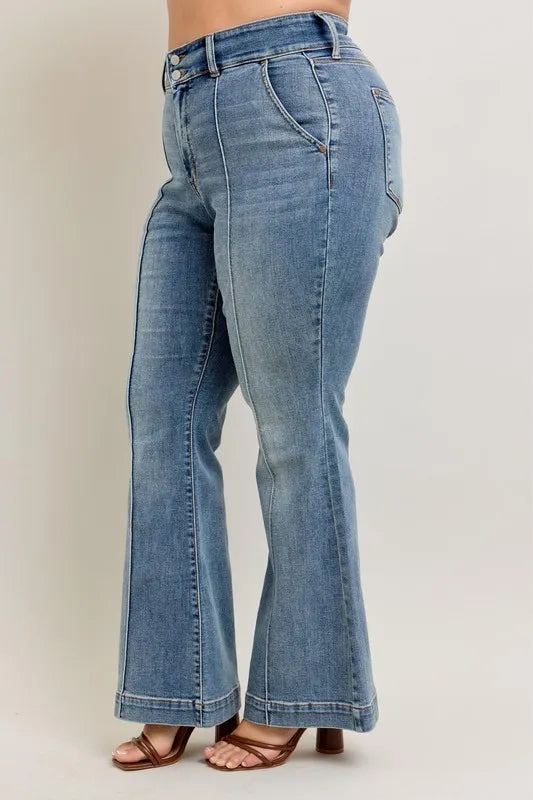 Judy Blue Plus Size High Waist Flare Denim Jeans with Front Seam Detail - Love Salve