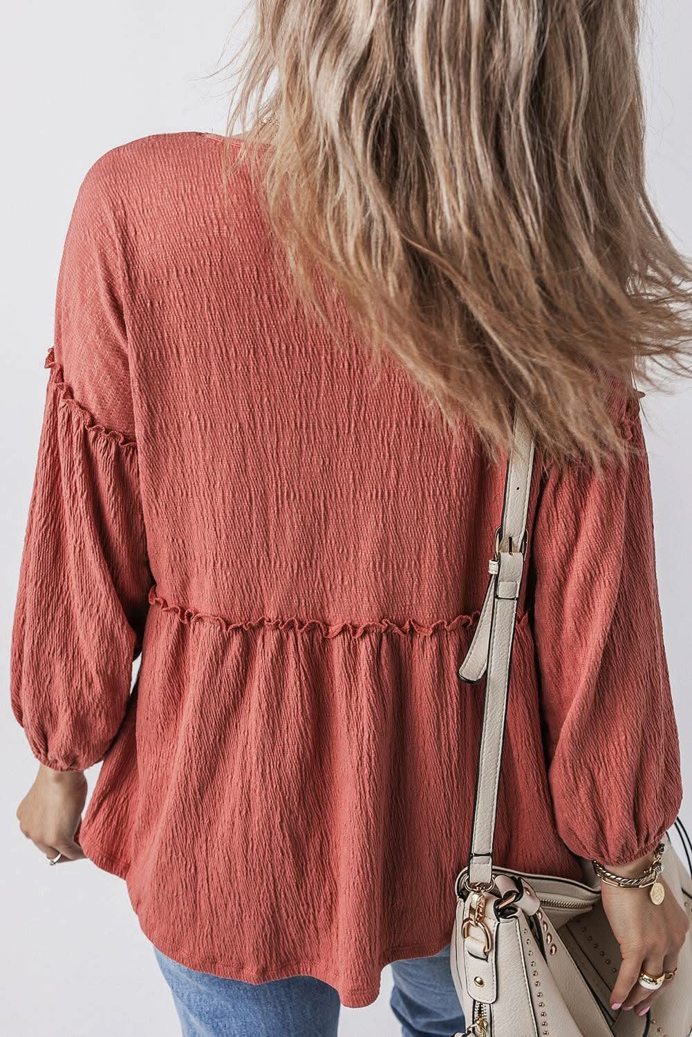Mineral Red Solid Color Textured Frilled Trim V Neck Puff Sleeve Blouse