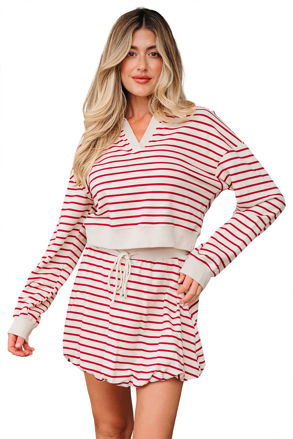 Red Stripe Cropped Collared Pullover and Bubble Mini Skirt