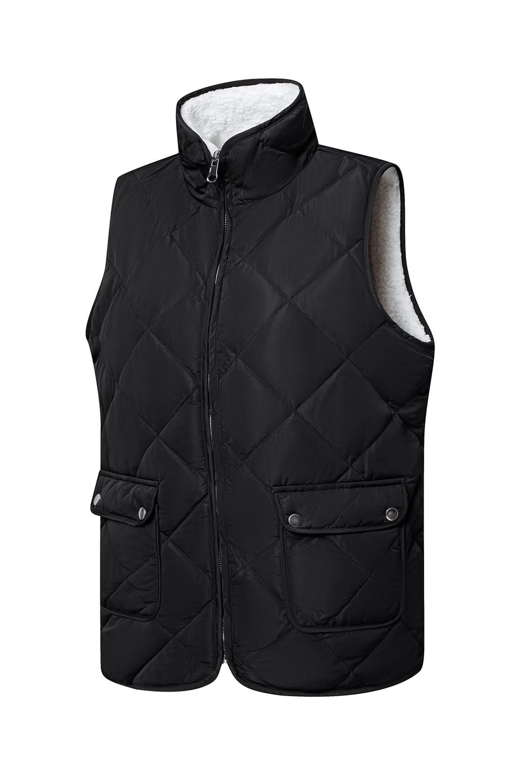 Black Fleece Lined Quilted Zip up Vest Coat - Love Salve