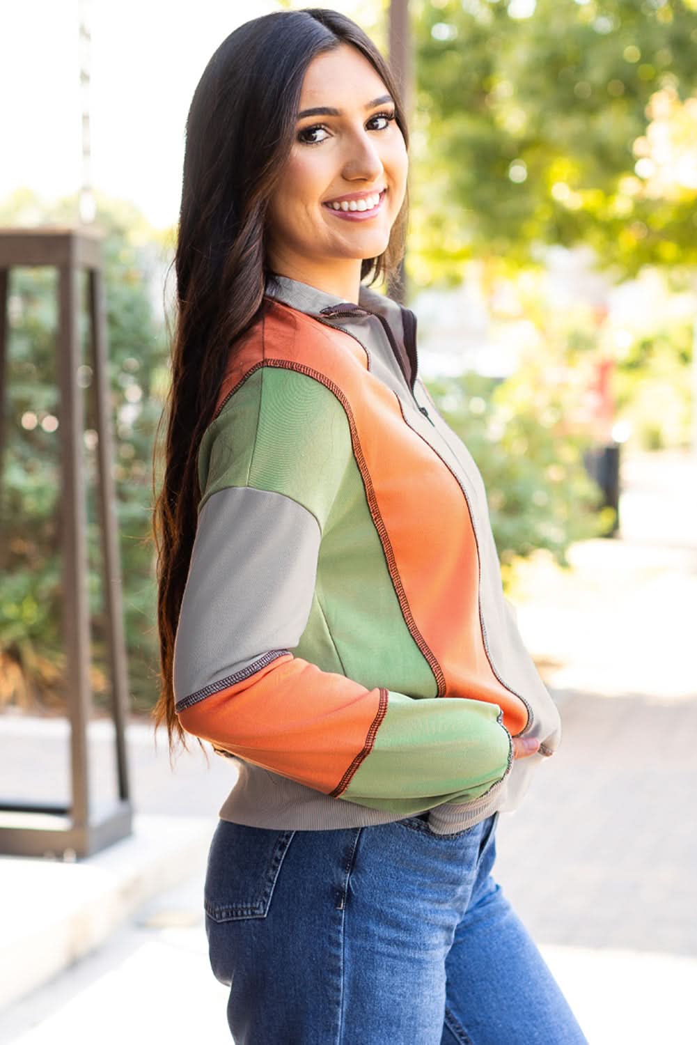 Light Grey Color Block Stitching Detail Half Zipper Sweatshirt - Love Salve
