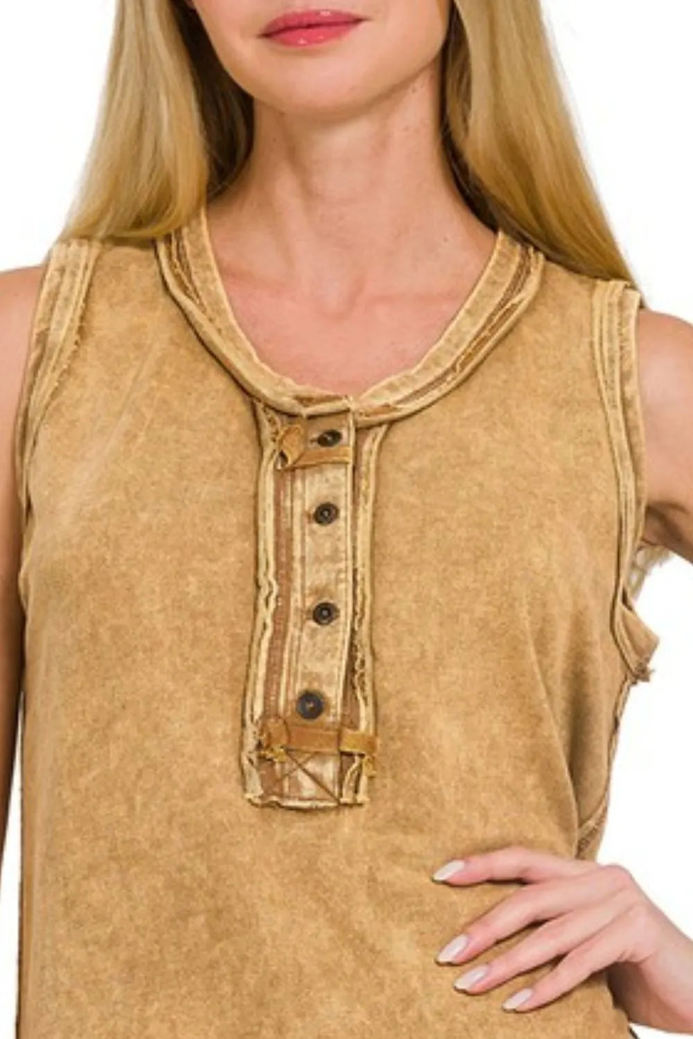 Zenana Washed Half-button Raw Edge Sleeveless Henley Top - Love Salve