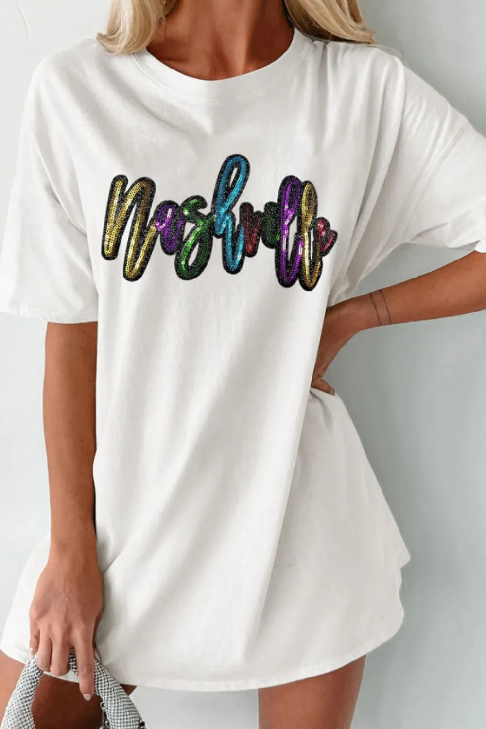 Sequin Round Neck Short Sleeve Oversized T-Shirt