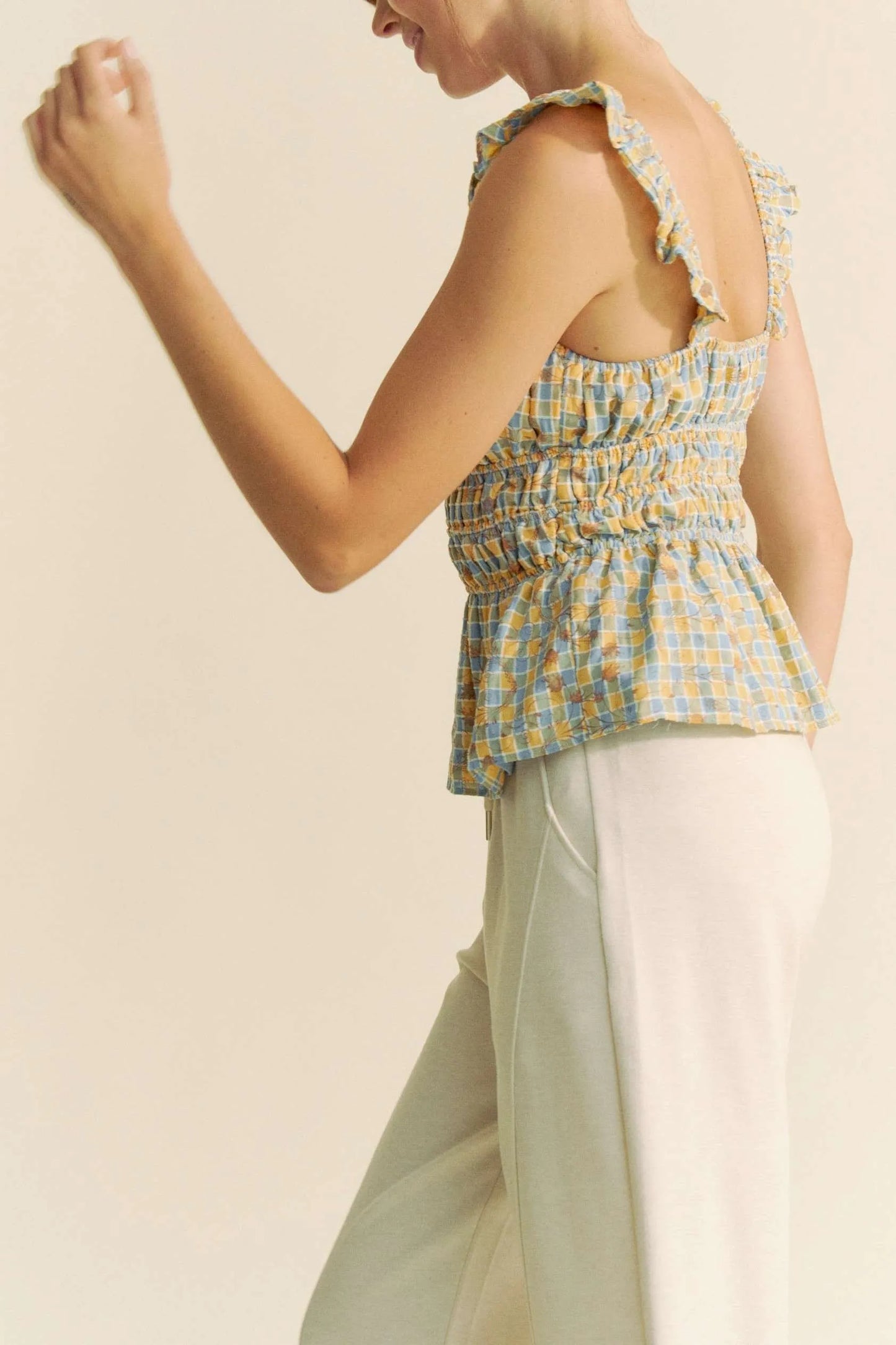 Davi & Dani Plaid Ruffled Strap Smocked Sleeveless Top - Love Salve