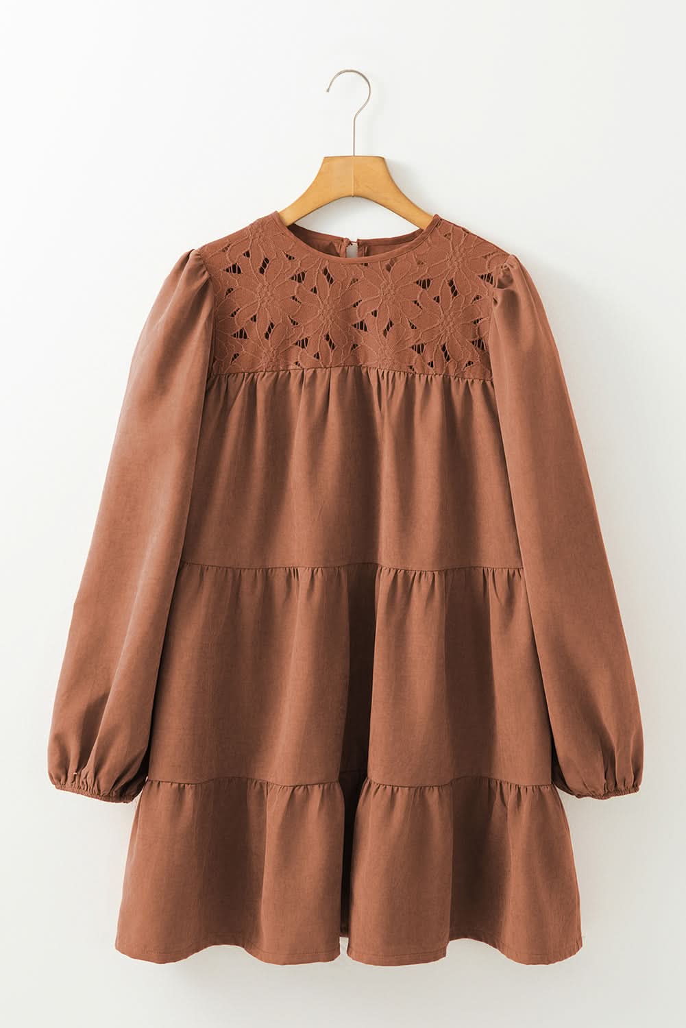 Chestnut Floral Lace Crochet Tiered Ruffled Mini Dress - Love Salve