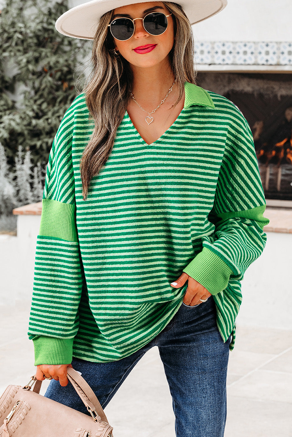 Chic green striped v-neck top