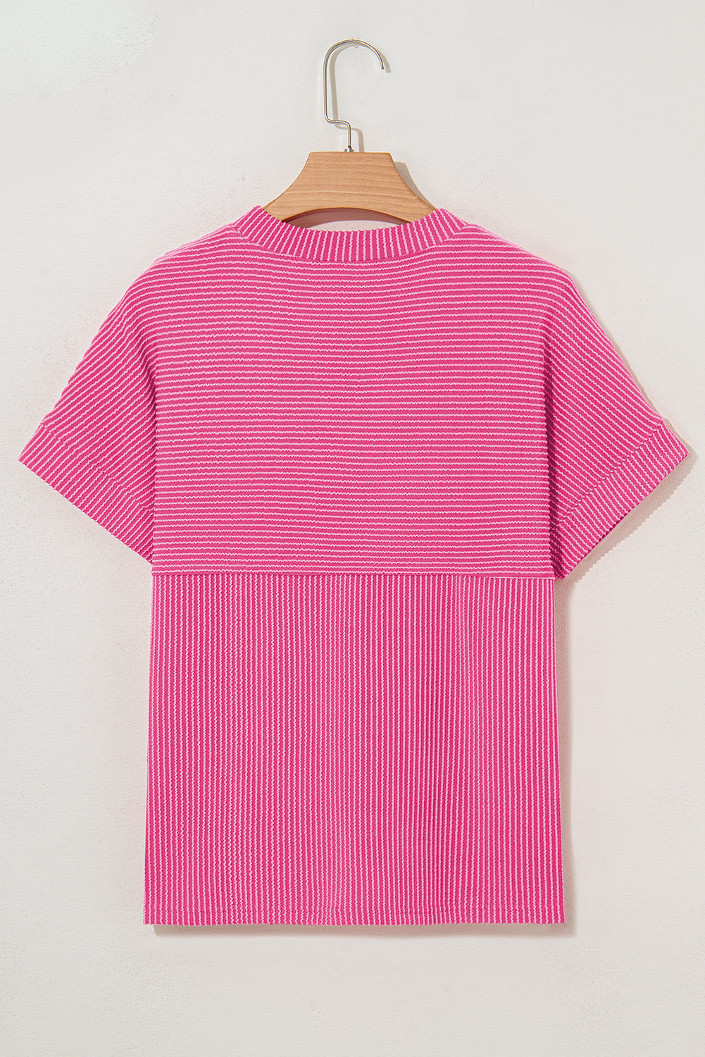 Bright Pink Plain Corded Knit Mock Neck T Shirt for Women