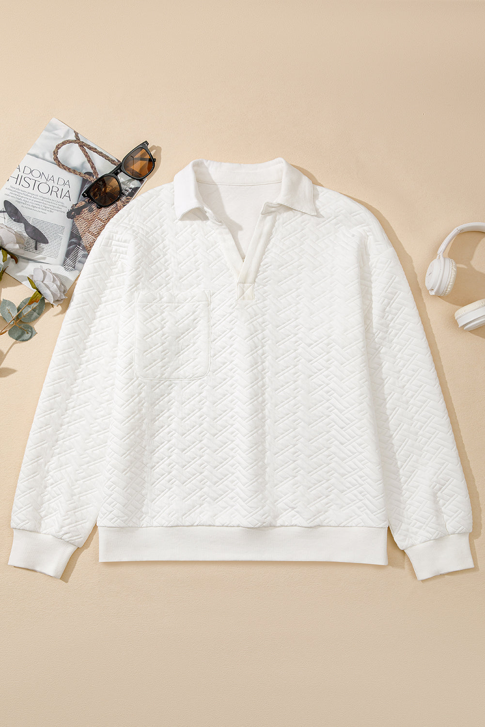 Premium White Textured Pocketed Collared V Neck Pullover Sweatshirt