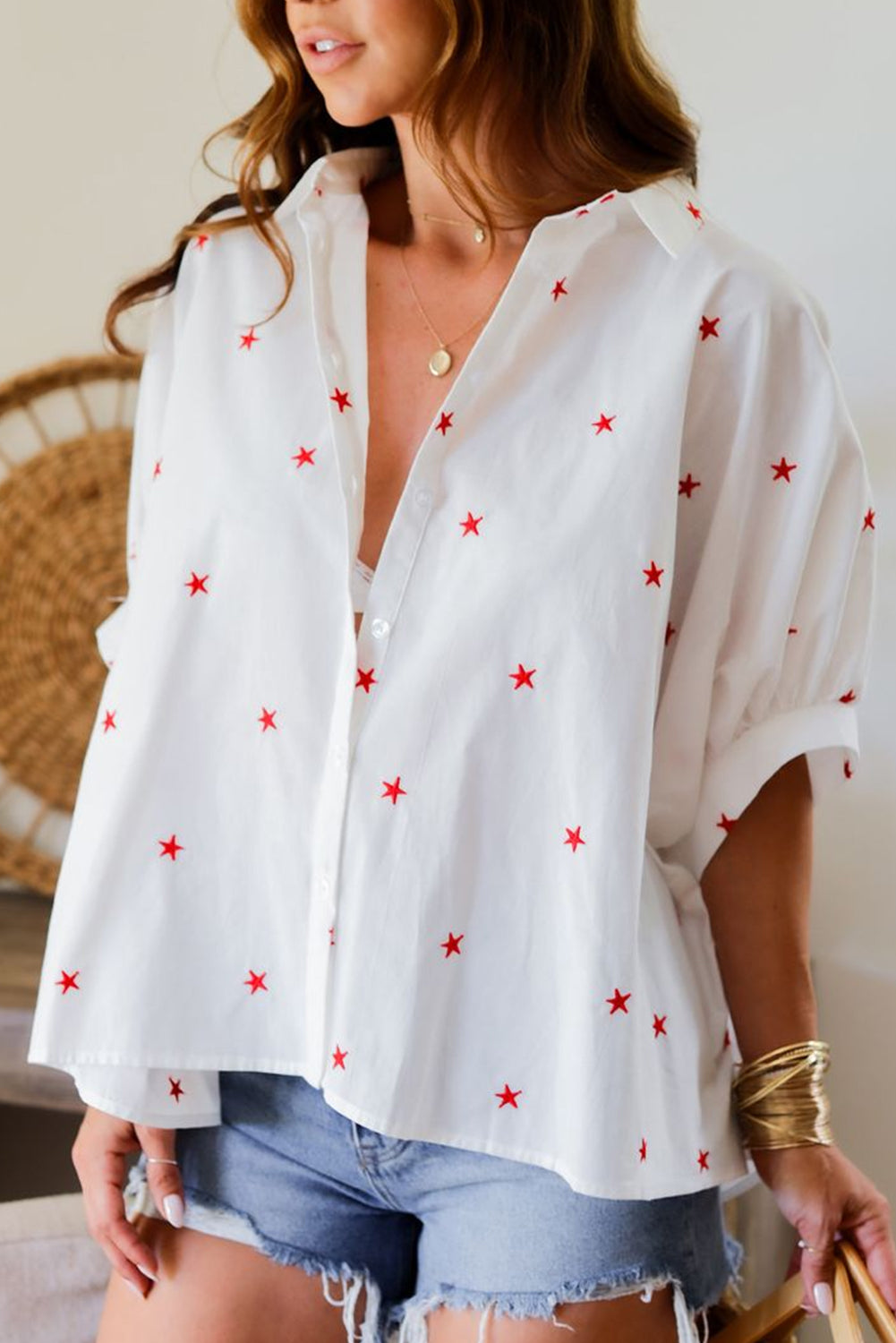 White Little Stars Printed Loose Half Sleeve Shirt for Women