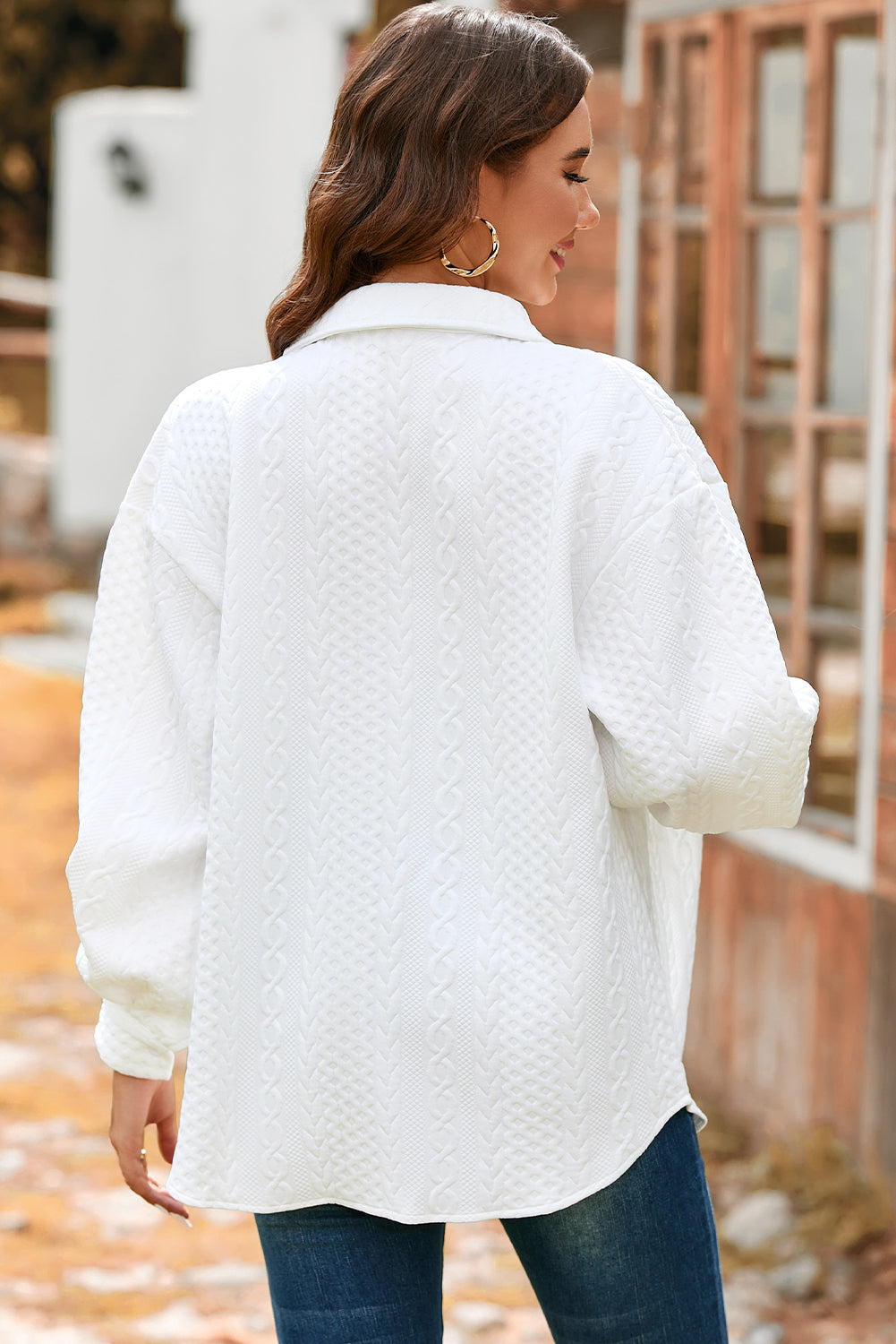 White Cable Texture Puff Sleeve Loose Shacket Casual Wear