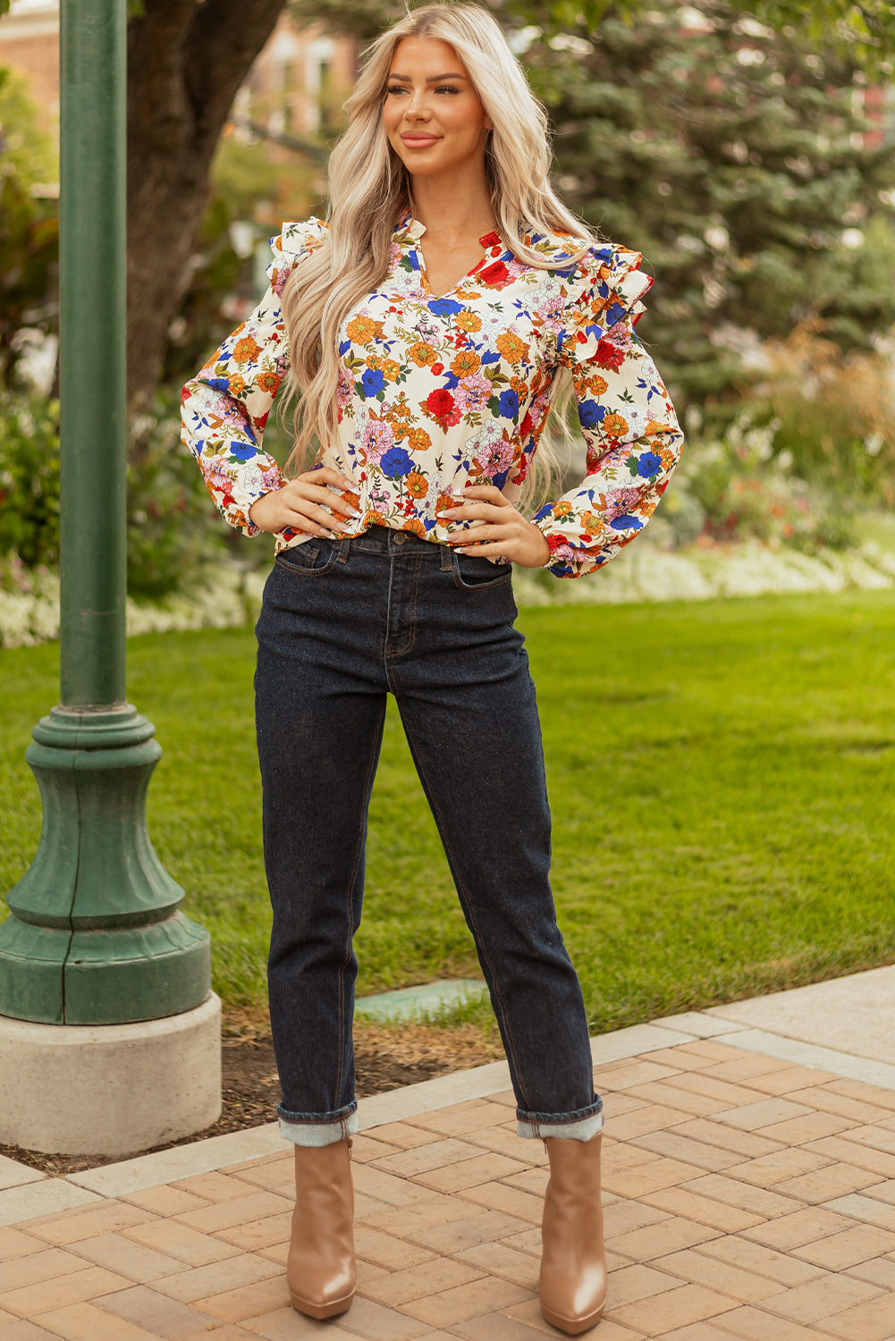 Premium Apricot Ruffled Shoulder Floral Long Sleeve Blouse