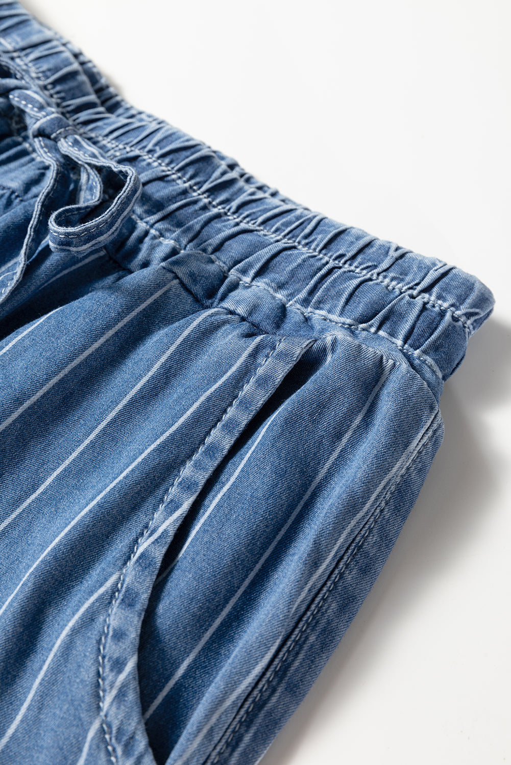 Premium Blue Stripe Chambray Wide Leg Tied Elastic Waist Trousers